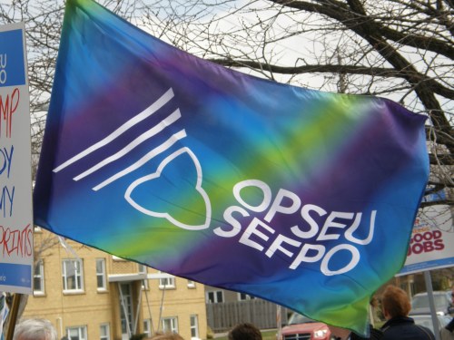 Picture of an OPSEU flag at a rally.